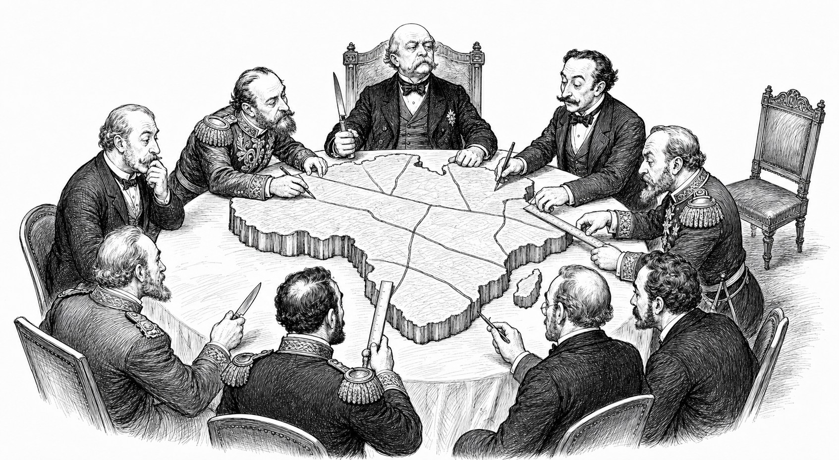 Editorial cartoon of European delegates dividing an Africa-shaped map at the Berlin Conference while an empty chair stands outside their group